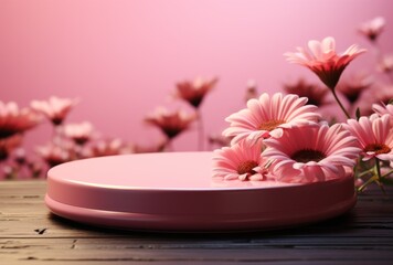 Obraz na płótnie Canvas 3D background, pink podium. Round display, pink flower