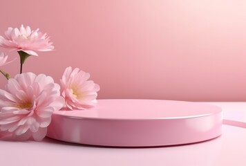 3D background, pink podium. Round display, pink flower