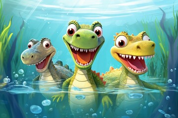 Cheerful reptiles in water. Vibrant animated setting for task sheet. Wildlife and creatures. Artwork for publication layout. Generative AI
