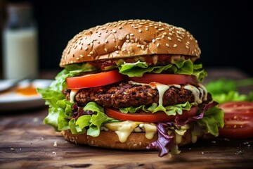 Cheesy meatless burger. Generative AI - obrazy, fototapety, plakaty
