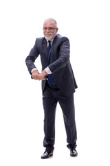 Old businessman holding penlight isolated on white