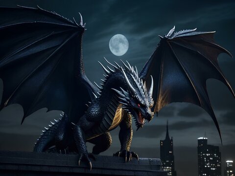 A fiercely determined dragon, its piercing gaze and sharp claws exude an eerie intensity in the dimly lit neo-noir photograph. The image captures the dragon's unwavering determination as it stands ato