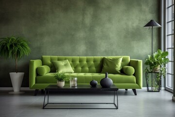 Contemporary monochromatic living room with green sofa in modern interior design. Generative AI