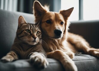 Cat and dog lying on the sofa watching television