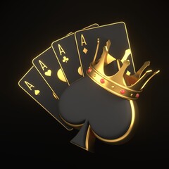 Playing cards with aces cards symbols and golden crown on a black background. Spade icon. Casino cards, blackjack, poker. 3D render illustration