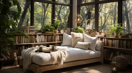 Serene and peaceful reading corner with window seat