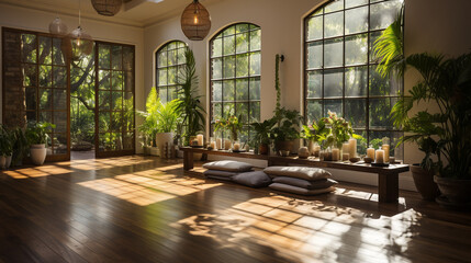 Serene and peaceful yoga studio with bamboo flooring