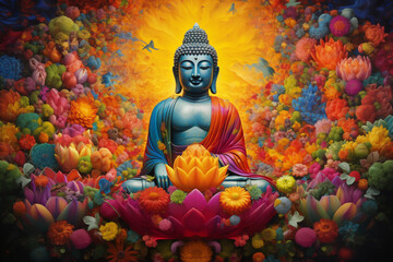 Obraz premium Budha Surrounded by Colorful Flowers