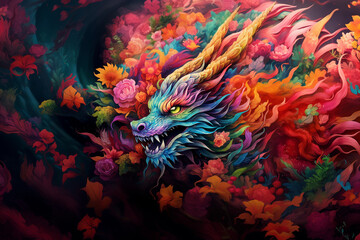 Dragon Surrounded by Colorful Flowers