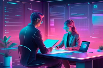 Businessman and businesswoman working on laptop in office. Concept of teamwork, partnership and cooperation. Neon background.