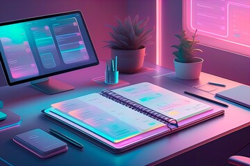 Highly rendering of office table with computer, tablet and notepad