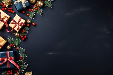 a colorful christmas border with gifts, christmas leave and little lamps decoration, navy background for flat lay, generative ai