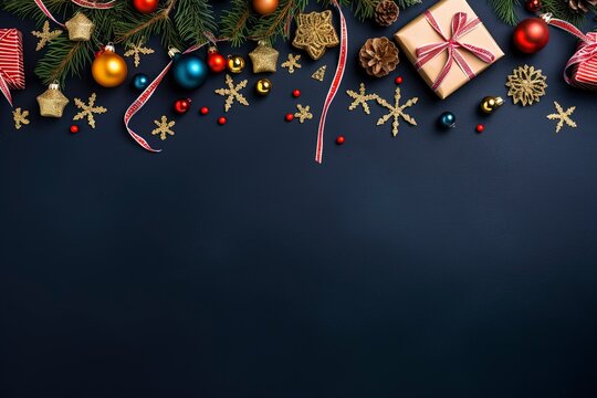 a colorful christmas border with gifts, christmas leave and little lamps decoration, navy background for flat lay, generative ai