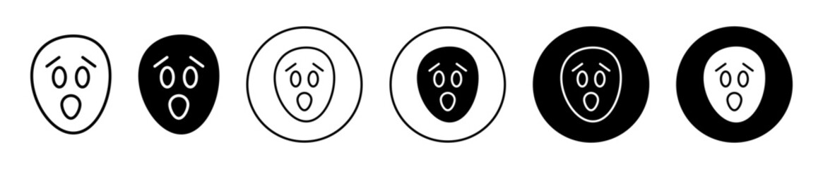 Shocked or surprised face emoji icon set. Scared facial expression emoticon vector symbol. Shocked face emotion line sign. 