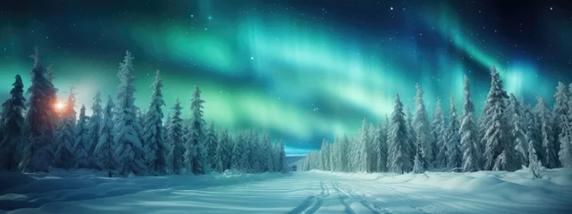 Photo sur Plexiglas Vert bleu Amazing snowy winter landscape. Winter landscape with snow-covered pine trees and northern lights (northern lights). Polar Lights. Creative image of wild nature.