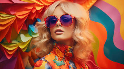 Cool hipster woman wearing eyewear glasses. portrait of woman colorful fashion.