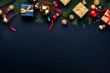 a colorful christmas border with gifts, christmas leave and little lamps decoration, navy background for flat lay, generative ai - obrazy, fototapety, plakaty