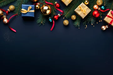 Fotobehang a colorful christmas border with gifts, christmas leave and little lamps decoration, navy background for flat lay, generative ai © Nia™