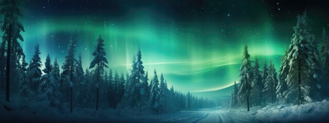 Amazing snowy winter landscape. Winter landscape with snow-covered pine trees and northern lights...
