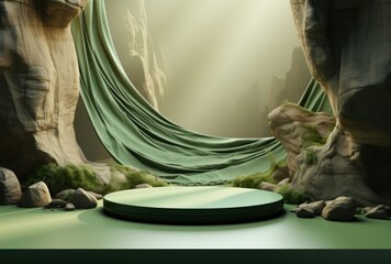 3D background, stone pedestal podium on natural beige, pastel green backdrop