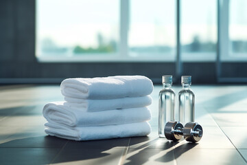 The view of a plastic bottle and navy blue sweat or gym towels folded on a fitness machine and dumbbells in a gym. Generative AI.