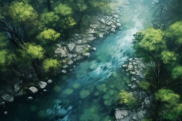 overhead perspective of a woodland river. Generative AI