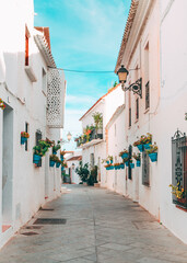 A city street with white houses and flower pot decoration in Mijas city, Andalusia, Spain