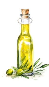 Illustration of a bottle of olive oil and green olives with leaves on a white background. Close-up. salad dressing in the kitchen.