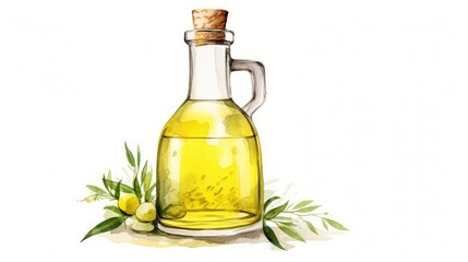 Obraz na płótnie Canvas Illustration of a bottle of olive oil and green olives with leaves on a white background. Close-up. salad dressing in the kitchen.