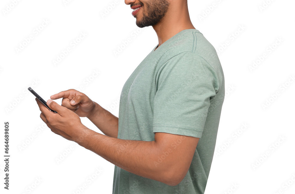Poster man sending message via smartphone on white background, closeup