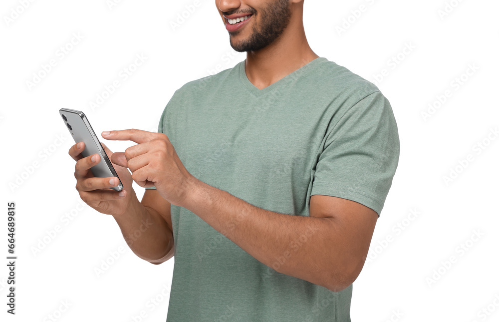 Poster man sending message via smartphone on white background, closeup