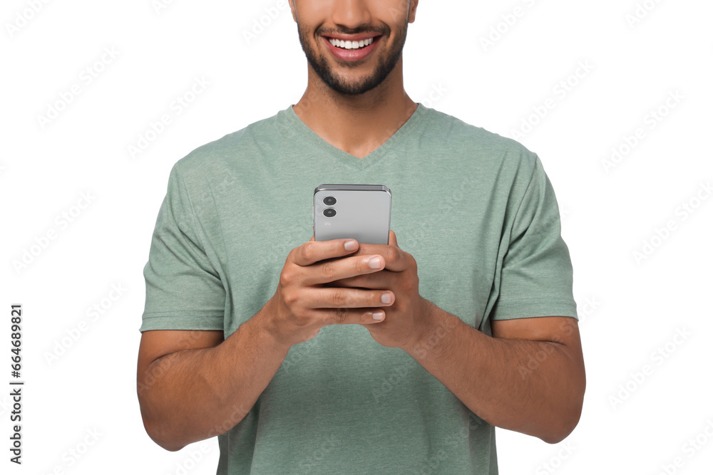 Poster man sending message via smartphone on white background, closeup