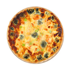 Delicious homemade quiche with salmon and broccoli isolated on white, top view