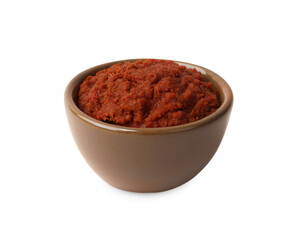 Tasty curry paste in bowl isolated on white