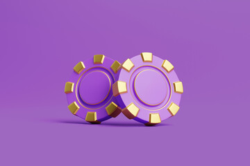 Casino chips on a purple background. Poker, blackjack, baccarat game concept. 3D render illustration