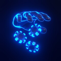 Casino chips and hand with futuristic neon blue lights on a black background. Poker, blackjack, baccarat game concept. 3D render illustration