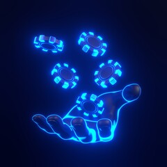 Casino chips and hand with futuristic neon blue lights on a black background. Poker, blackjack, baccarat game concept. 3D render illustration