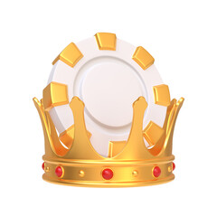 Casino chips and golden crown isolated on a white background. Poker, blackjack, baccarat game concept. 3D render illustration