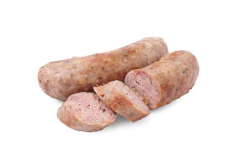 Tasty whole and cut homemade sausages isolated on white
