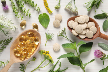 Different pills, herbs and flowers on white wooden table, flat lay. Dietary supplements - Powered by Adobe