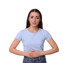 Fototapeta premium Woman suffering from abdominal pain on white background. Unhealthy stomach