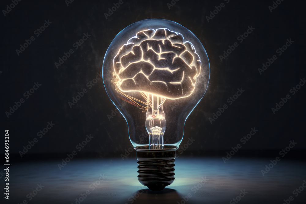 Poster illuminate your creative ideas with this unique image of a glowing brain inside a light bulb, symbol