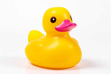 The side view of a shiny yellow rubber duck toy for children isolated on the white background. Generative AI.