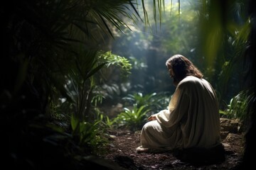 Jesus in deep prayer in the Garden of Gethsemane.