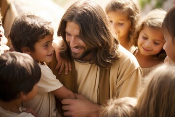 Jesus embracing children, symbolizing innocence. - obrazy, fototapety, plakaty