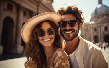 A happy vogue fashion couple taking selfies with bright solid light color clothes in summer