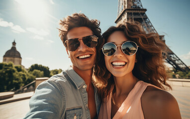 A happy vogue fashion couple taking selfies with bright solid light color clothes in summer