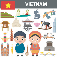 Set of Vietnam famous landmarks