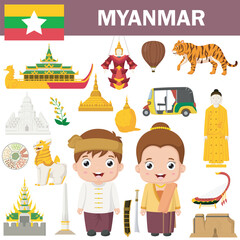 Naklejka premium Set of Myanmar famous landmarks