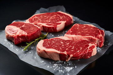 The close up detail of a raw meat steaks with seasoning for grilling on parchment or baking paper isolated on black background. Generative AI.